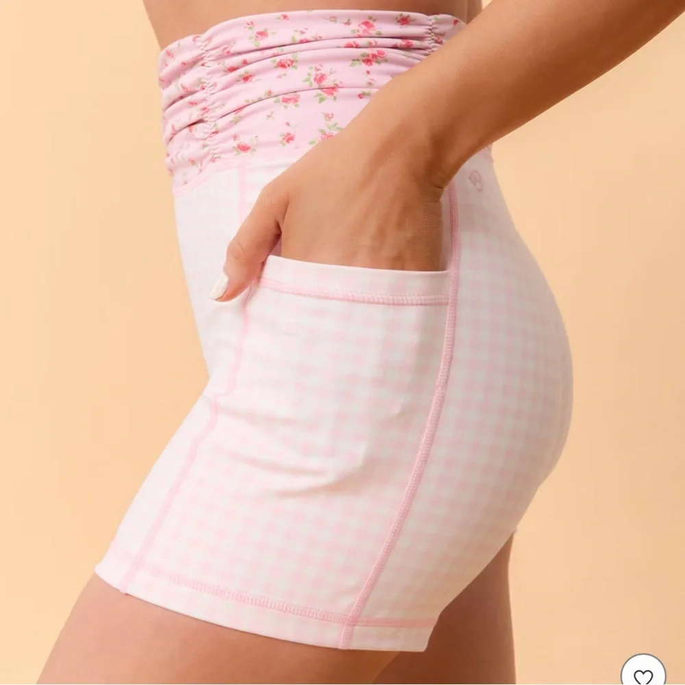 NWT Blogilates Women's Ruched Waist Bike Shorts & Top - Pink Gingham S - Picture 11 of 13